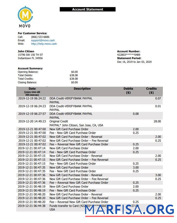 Printable USA MOVO bank statement word sample